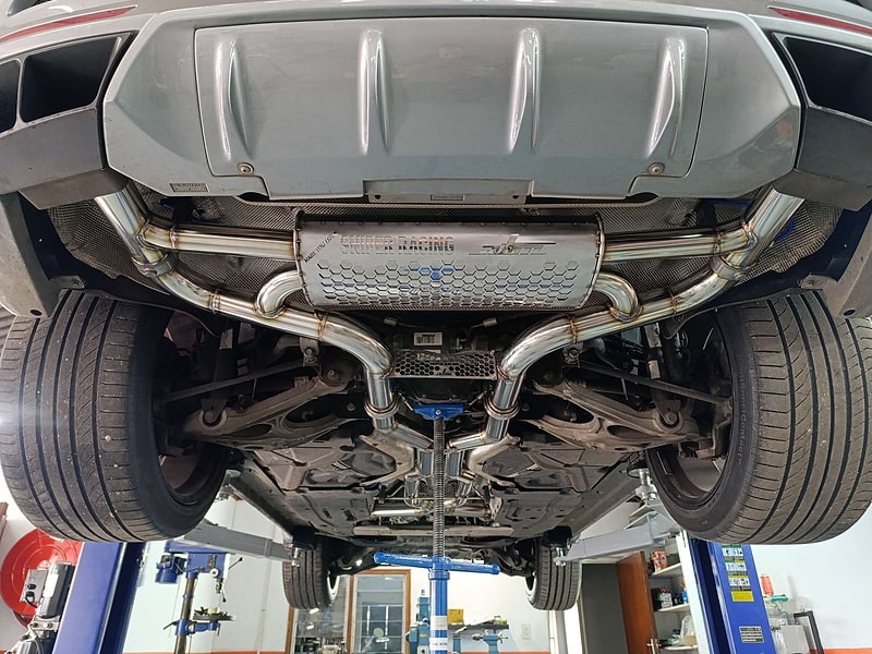 Completed SNIPER Racing valved exhaust installed under a vehicle